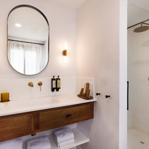 a bathroom with a sink a mirror and a shower