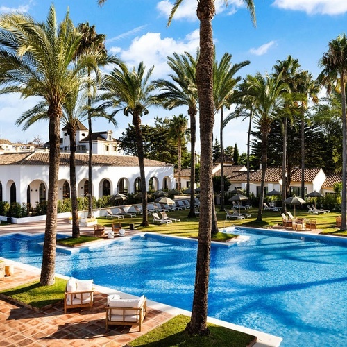 a large swimming pool surrounded by palm trees and chairs