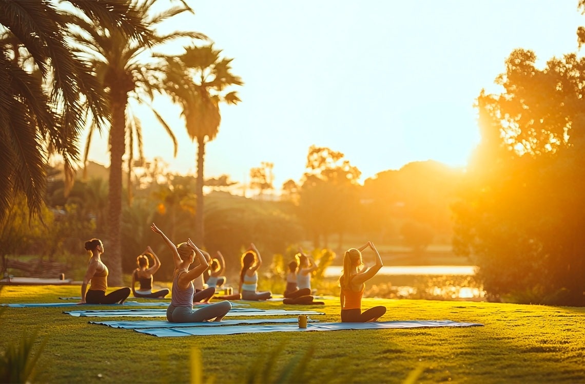 a group of women are practicing yoga on rocks near the ocean