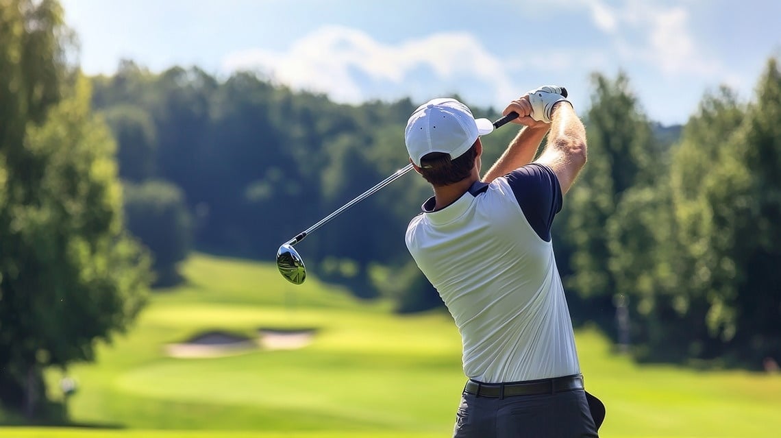 un hombre golpea una pelota de golf en un campo verde