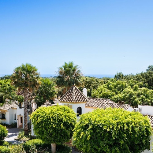 a white building with a tiled roof is surrounded by palm trees