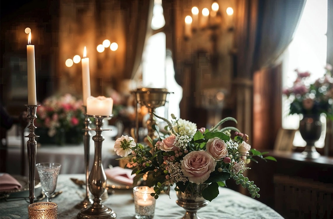 a table set with plates utensils and flowers on it