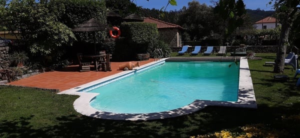 une grande piscine entourée de chaises longues et d' une maison