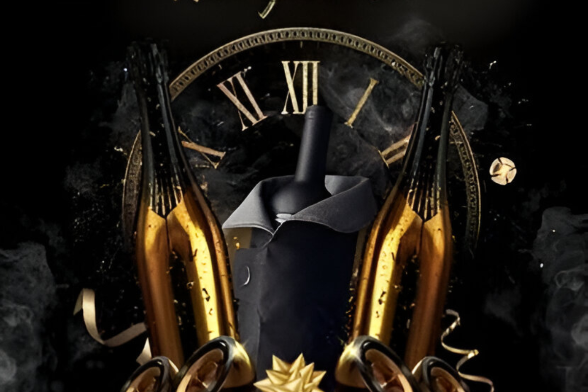 uma garrafa de vinho está em frente a um relógio com numerais romanos