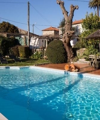 uma grande piscina com uma árvore ao fundo .