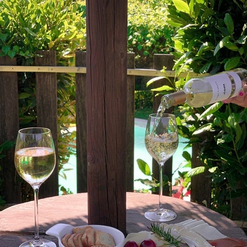 una persona vierte una botella de vino blanco en un vaso