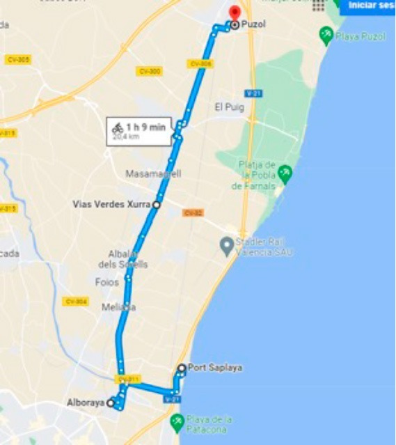 Cycling map: Alboraya to Puzol, 20.4km, with a stop at Sea You: Port Saplaya.