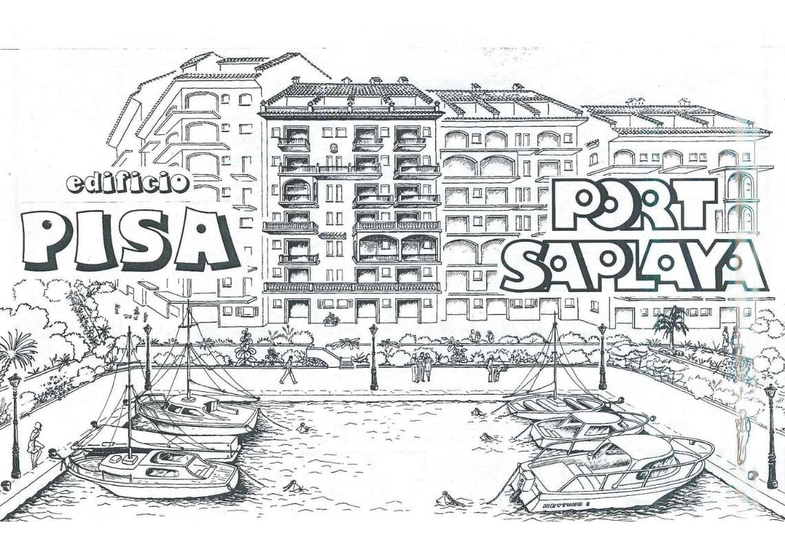 Dessin d'une vue de Port Saplaya avec des immeubles et des bateaux. Histoire de Port Saplaya | Apartamentos Port Saplaya.