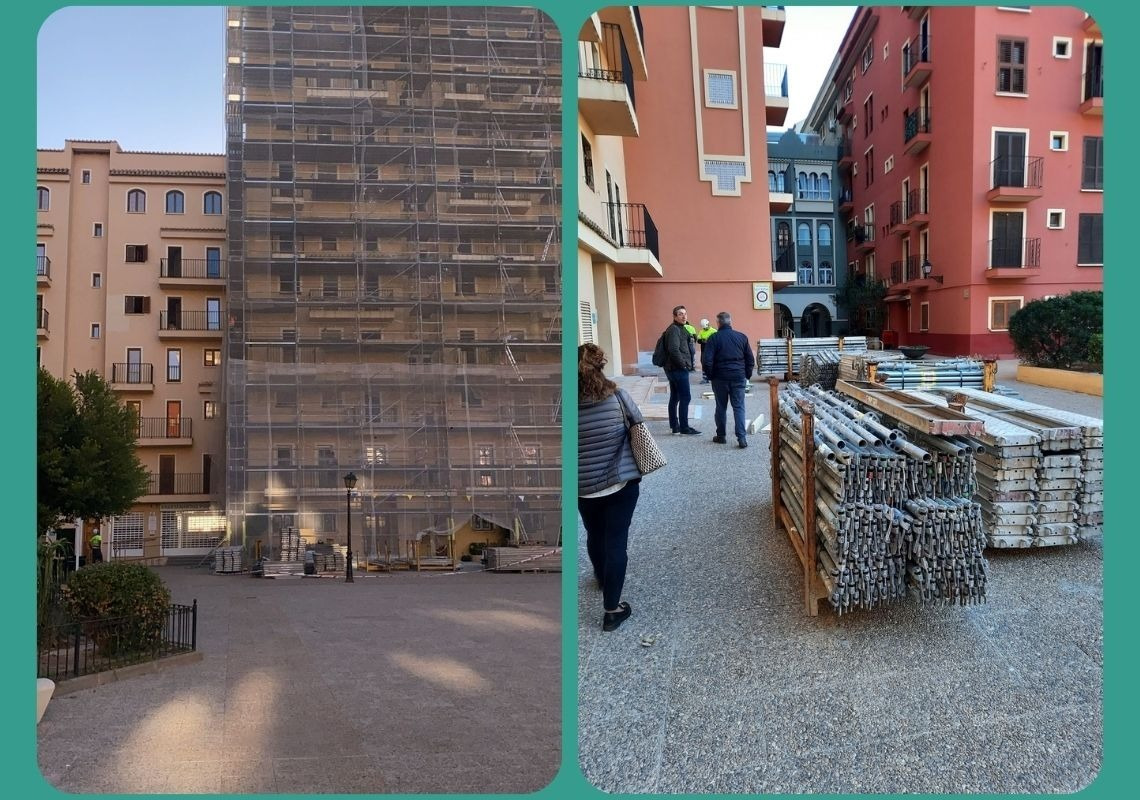 Acciones de sostenibilidad en Apartamentos Port Saplaya: Fachada en rehabilitación, listo para reformas.