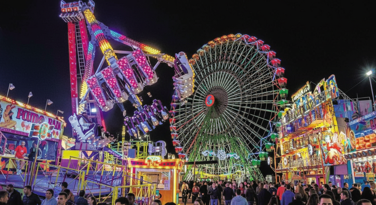 Thrill rides and Ferris wheel at a nighttime fair, great for winter fun in Valencia.
