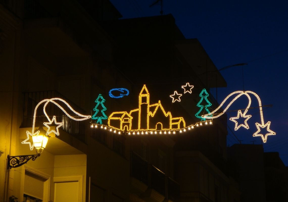 Experience Christmas in Valencia with festive lights and decorations outside Sea You Hotel Valencia.