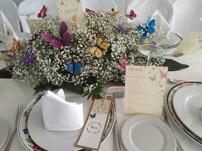 una mesa está decorada con mariposas y un menú - Celebraciones