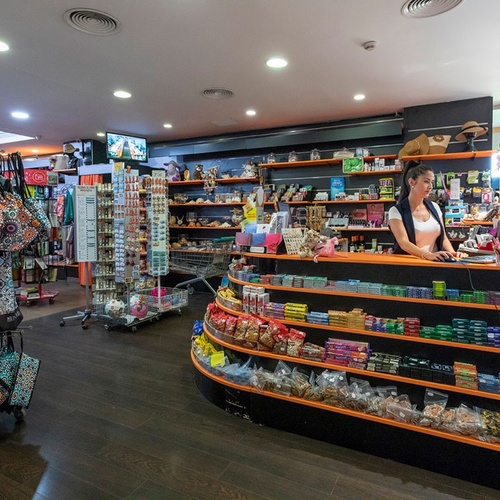 una mujer se sienta en un mostrador en una tienda de regalos