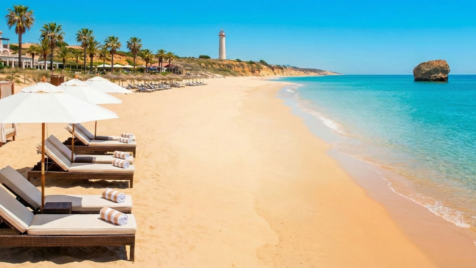 Una playa de arena dorada con palmeras y exuberantes montañas al fondo, donde dos sillas de playa de rayas esperan junto a las tranquilas aguas de un mar azul.