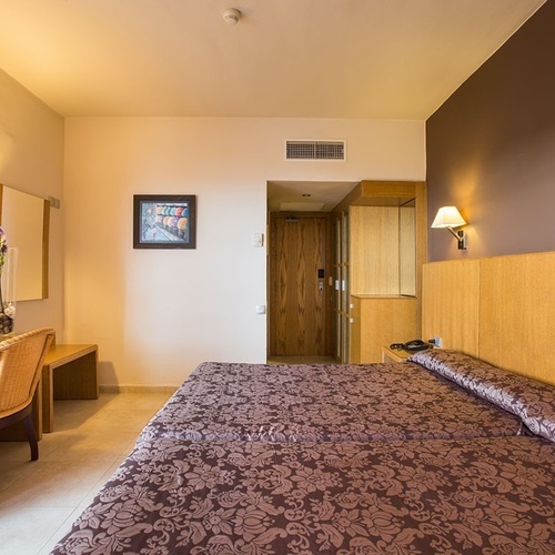 una habitación de hotel con dos camas y una televisión