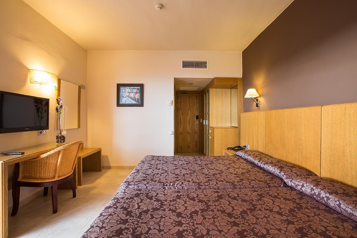 una habitación de hotel con dos camas y una televisión