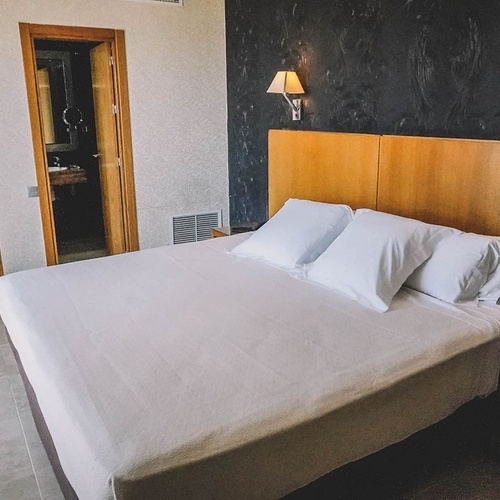 una habitación de hotel con una cama y dos lámparas