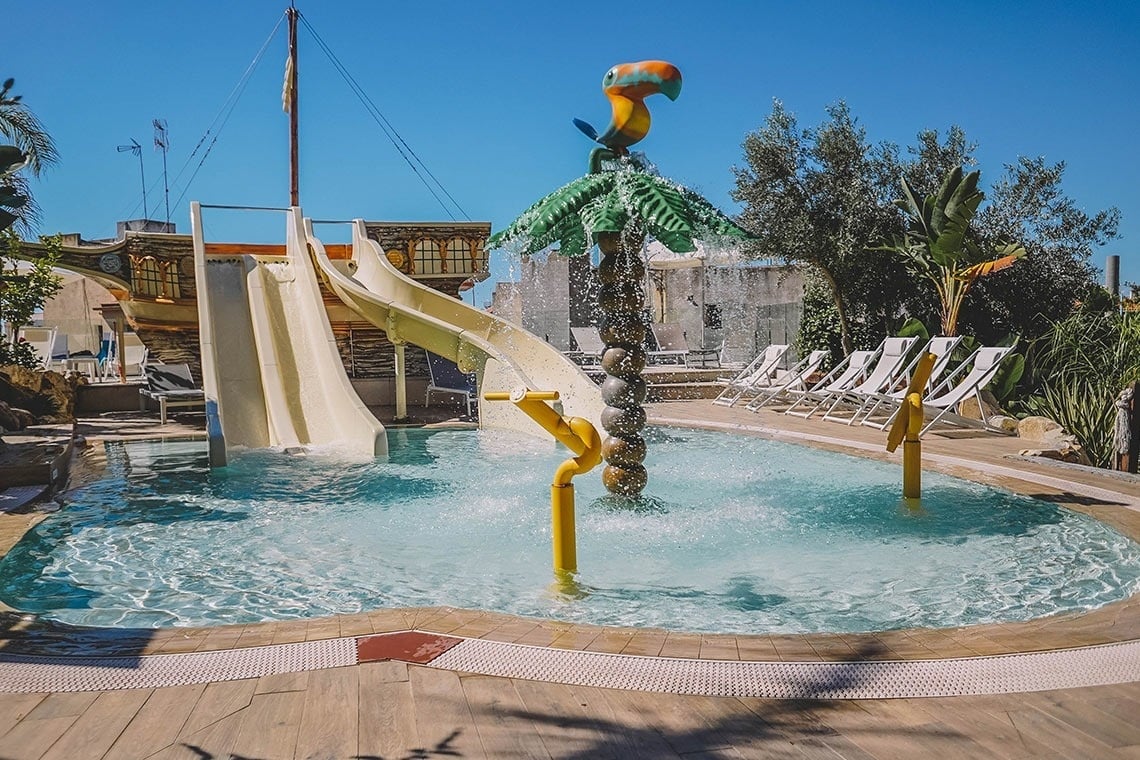 una gran piscina está rodeada de palmeras y flores