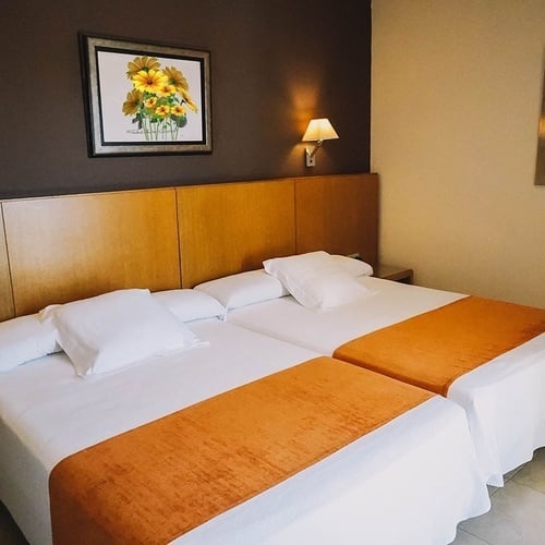 una habitación de hotel con dos camas y una pintura de girasoles en la pared