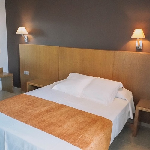 una habitación de hotel con una cama y dos mesitas de noche