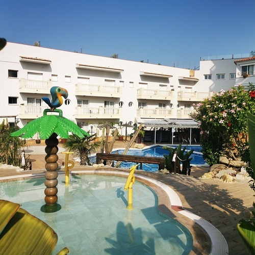 una piscina con una palmera y un loro encima