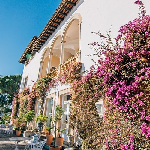 un gran edificio blanco cubierto de flores rosas