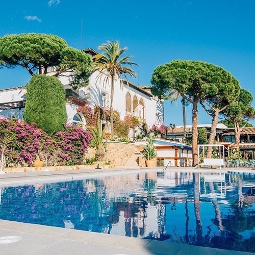 una piscina con palmeras y flores en el fondo