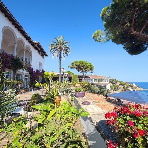 una gran casa blanca está rodeada de plantas y flores