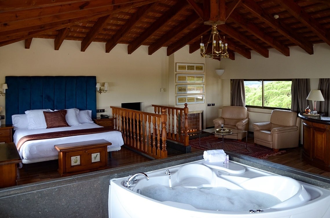 una habitación de hotel con una cama y un jacuzzi