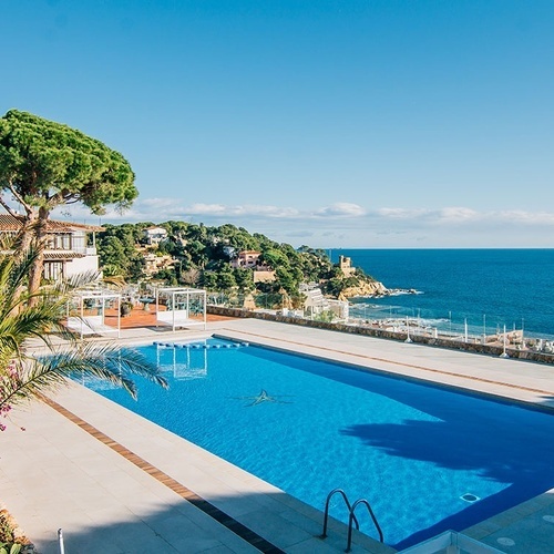 una gran piscina con vistas al océano está rodeada de palmeras