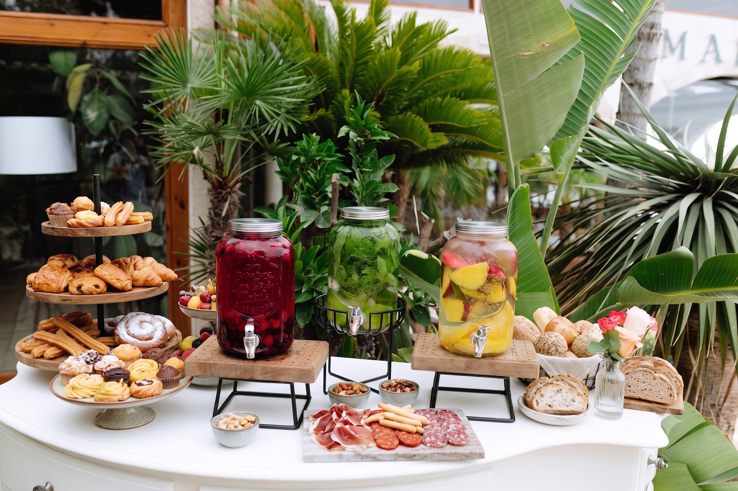Buffet de desserts Roger De Flor By Seleqtta avec tartes et fruits frais.