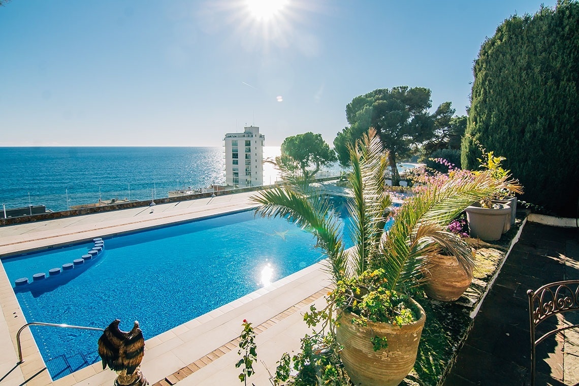a statue of an eagle sits next to a pool overlooking the ocean