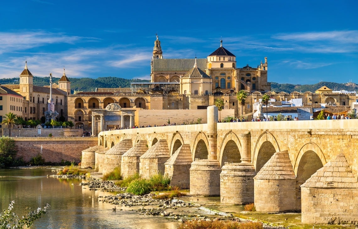 un puente sobre un río con una catedral en el fondo