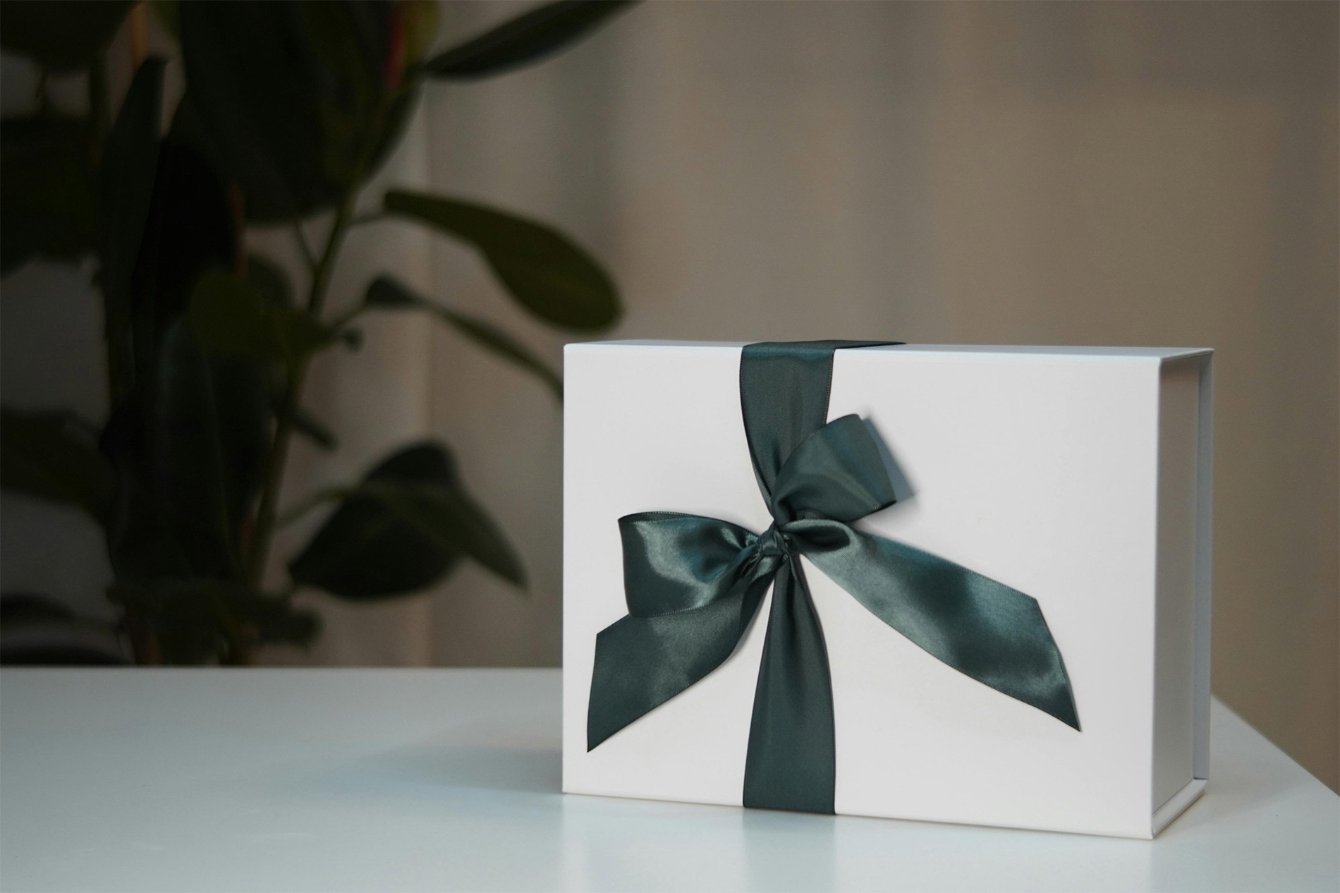 una persona sostiene una caja de regalo negra con un lazo verde