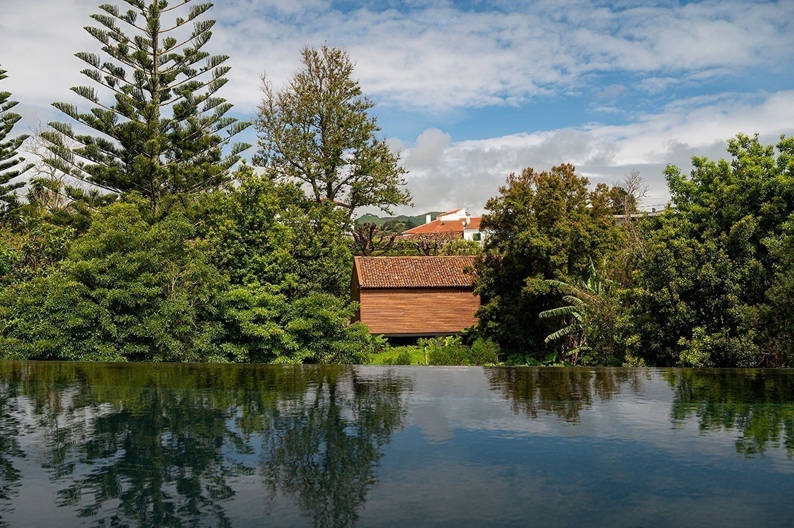 a small wooden house sits in the middle of a lush green forest
