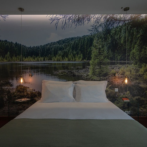 a bedroom with a lake and trees on the wall