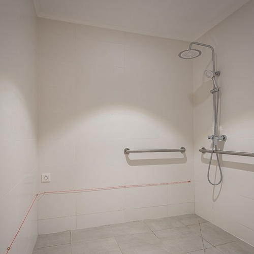 a shower with a hand rail and a shower head