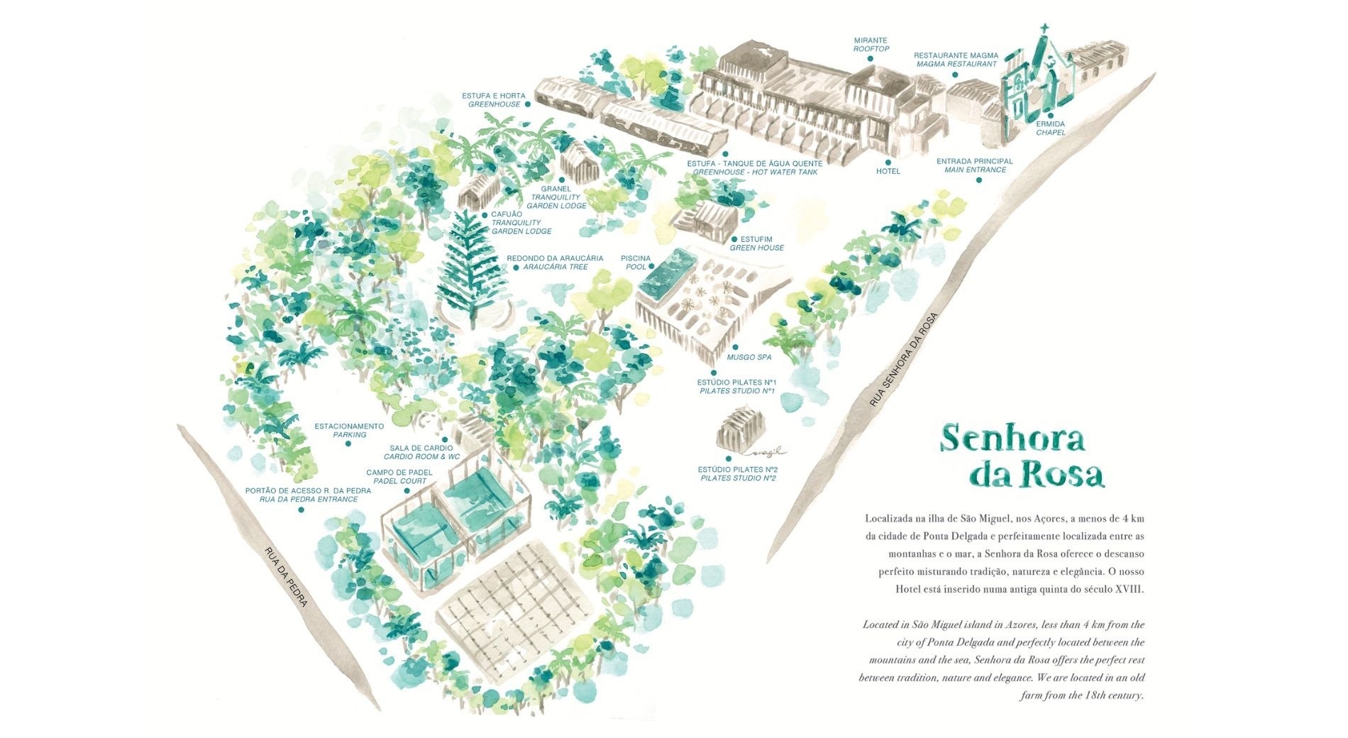 a map of senhora da rosa shows various buildings and trees