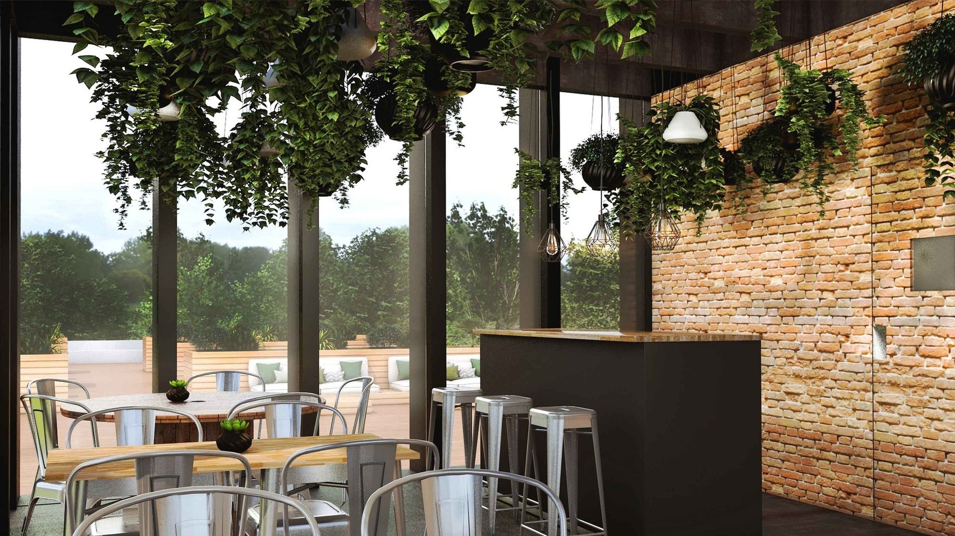 a room with tables and chairs and plants hanging from the ceiling