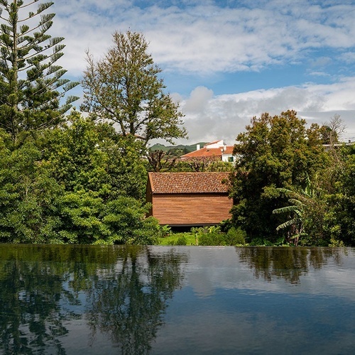 a small wooden house sits in the middle of a lush green forest