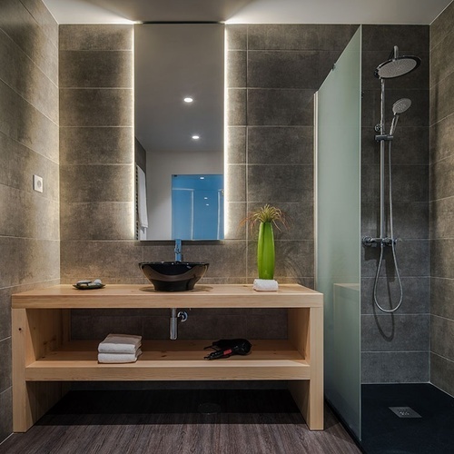 a bathroom with a sink a mirror and a shower