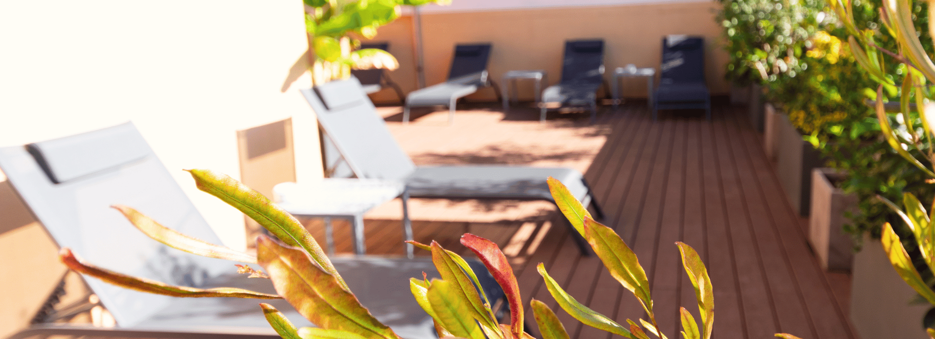 un groupe de chaises longues sur une terrasse en bois