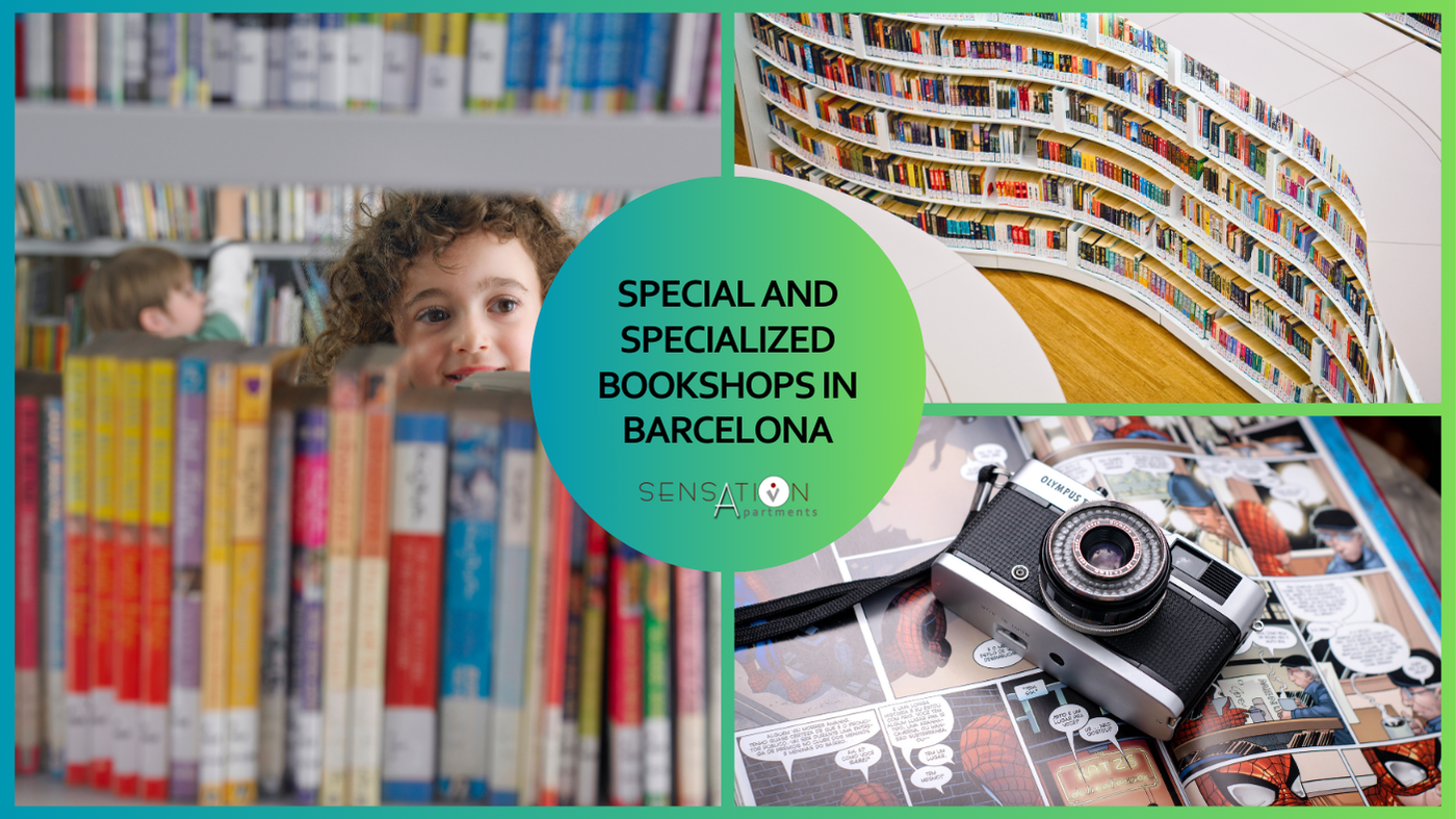 a collage of books and a camera with the words special and specialized bookshops in barcelona