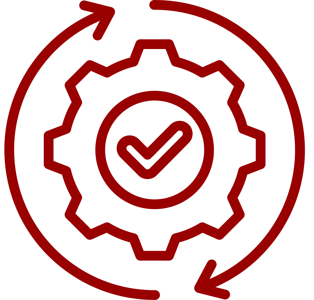 a red gear with a check mark inside of it