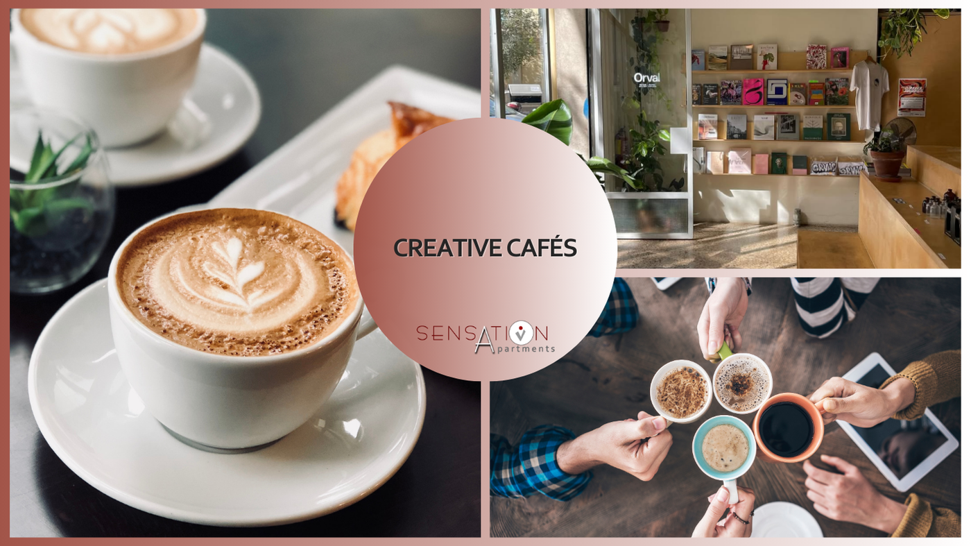 L'image est un montage illustrant le concept de "cafés créatifs" à travers des vues de boissons au café, un intérieur de café moderne et des personnes partageant un moment café, le tout complété par le logo "Sensation Apartments".