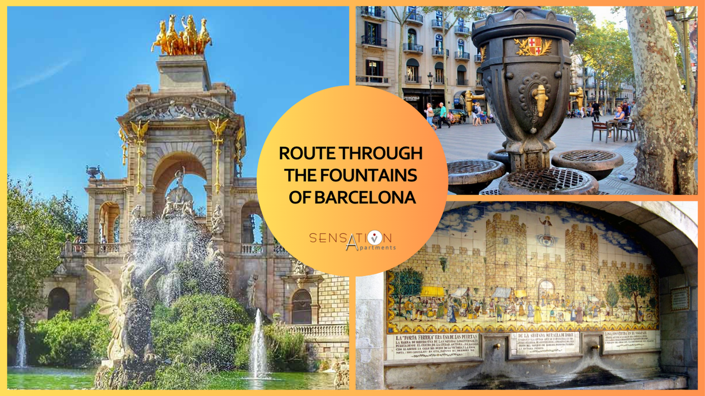 un collage d' images avec le texte " route à travers les fontaines de barcelone "