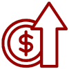a red icon of a coin and an arrow pointing up