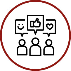 a group of people are standing next to each other in a circle with speech bubbles .