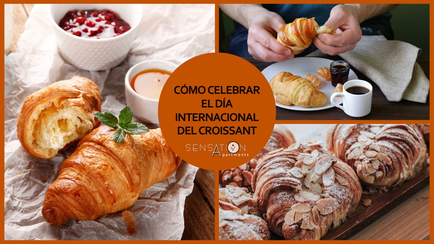 a collage of images of croissants with the title como celebrar el dia internacional del croissant