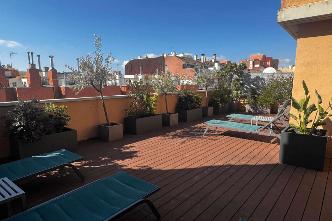 une terrasse avec des chaises longues et des pots de plantes